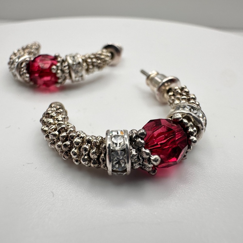 Vintage 80s 90s Silver Hoop Earrings with Red Crystal & Clear Rhinestones